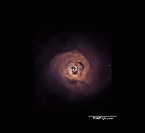 This animation dissolves between two different views of hot gas in the Perseus galaxy cluster. The first is Chandra's best view of hot gas in the central region of the Perseus cluster, where red, green and blue indicate lower-energy to higher-energy X-rays, respectively. 103k nasa, Chandra observations, Perseus, galaxy, space,