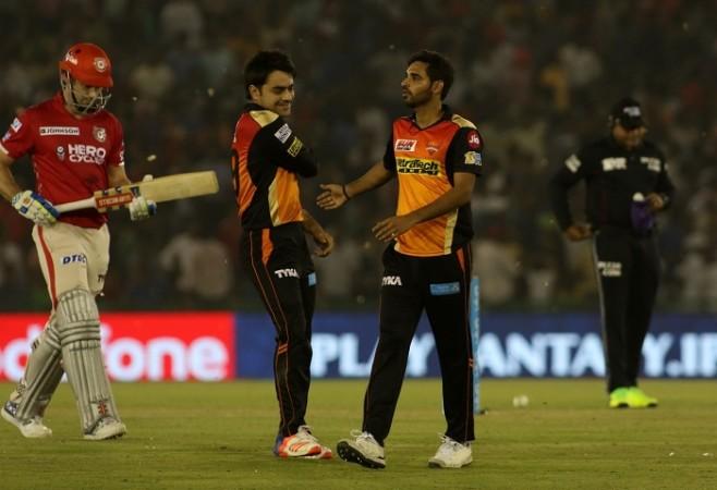 File photo of Rashid Khan and Bhuvneshwar Kumar of SRH. Bhuvneshwar Kumar, IPl 2017, Moises Henriques, India cricket, Sunrisers Hyderabad