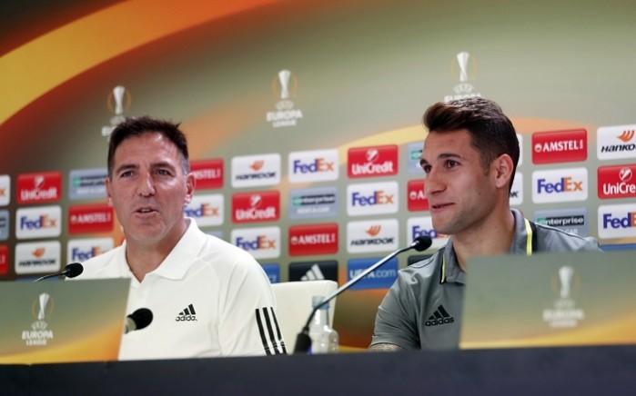 Celta Vigo manager Eduardo Berizzo and Hugo Mallo. Celta Vigo v Manchester United live streaming, Celta Vigo v Manchester United, Europa League live streaming, Europa League semi-finals, Jose Mourinho, Paul Pogba, Eduardo Berizzo, Iago Aspas
