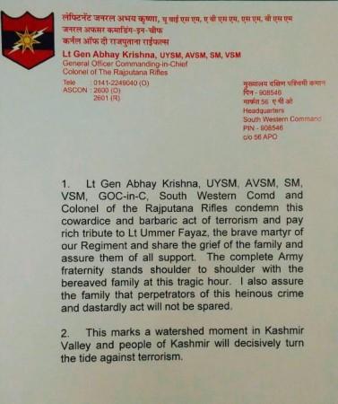 In picture: An official statement from Lt Gen Abhay Krishna, General Officer Commanding-in-Chief and also Colonel of the Rajputana Rifles. Lt Ummer Fayaz