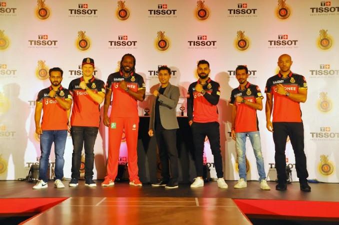 RCB players including Shane Watson, Chris Gayle and Virat Kohli during an event n Bengaluru. Tissot, Chris Gayle, Shane Watson, Virat Kohli.