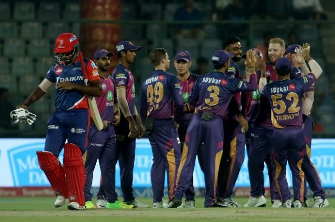 Ben Stokes and the RPS players celebrate the run out of Sanju Samson, May 12, 2017 Ben Stokes, RPS, Sanju Samson, Delhi Daredevils, IPL 2017