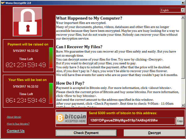 The ransom message with instructions on how to pay the ransom. WanaCrypt0r 2.0 ransomware