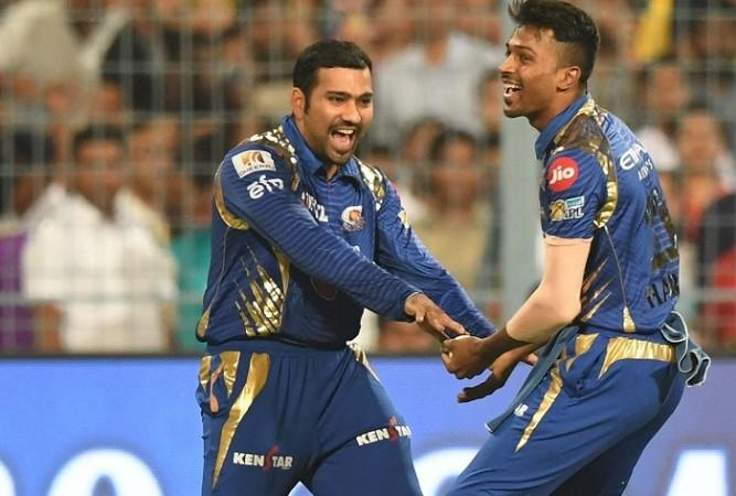 Rohit Sharma and Hardik Pandya celebrate a KKR wicket, May 13, 2017 Rohit Sharma, Hardik Pandya, Mumbai Indians, KKR, IPL 2017