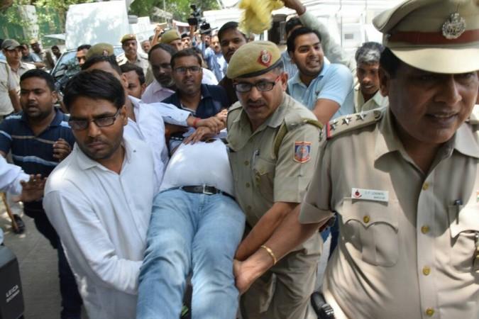 Kapil Mishra, who fainted during a press conference, being rushed to the hospital for treatment in New Delhi on May 14, 2017. Kapil Mishra