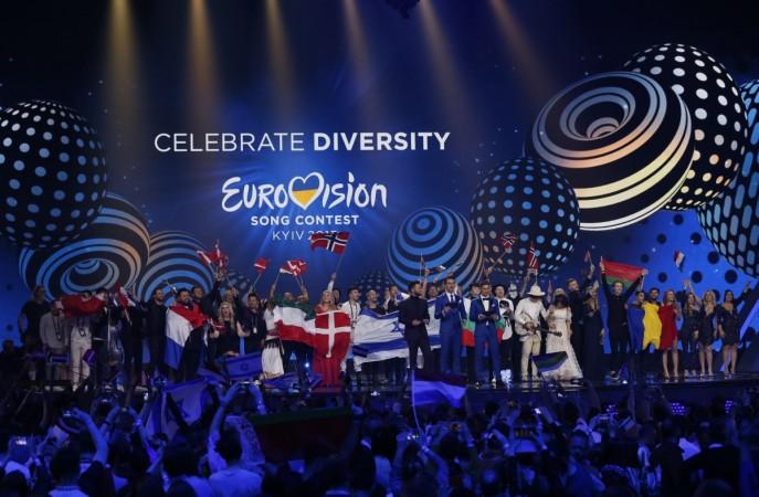 Finalists celebrate on the stage after the Eurovision Song Contest 2017 Semi-Final 2 at the International Exhibition Centre in Kiev, Ukraine. Eurovision 2017