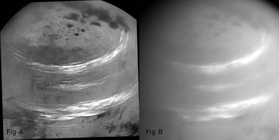 NASA's Cassini spacecraft captured this view of bands of bright, feathery methane clouds drifting across Saturn's moon Titan on May 7, 2017. nasa, Cassini, Titan, moon, Saturn, space, JPL,