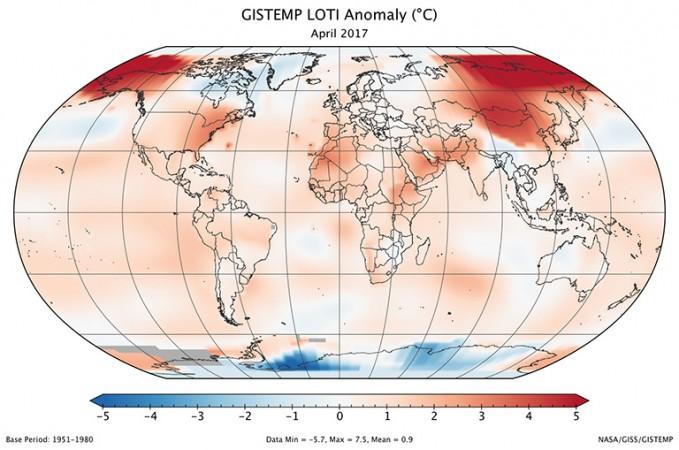 Global map of the April 2017 LOTI (land-ocean temperature index) anomaly shows that central and northeast Asia continued to be much warmer than the 1951-1980 base period. In the United States, Alaska was much warmer than normal. Global map of the April 2017 LOTI (land-ocean temperature index) anomaly shows that central and northeast Asia continued to be much warmer than the 1951-1980 base period. In the United States, Alaska was much warmer than normal.