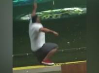 Hilarious video shows golfer miss ball then fall off driving range ledge