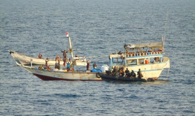 In picture: MARCOS personnel from Indian Navy approach one of the dhows that was attempting piracy in the Gulf of Aden on May 16, 2017. Indian Navy