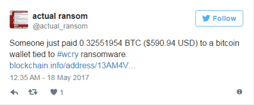 Twitter bot monitoring ransom payments made to hackers' bitcoin accounts WannaCry ransomware