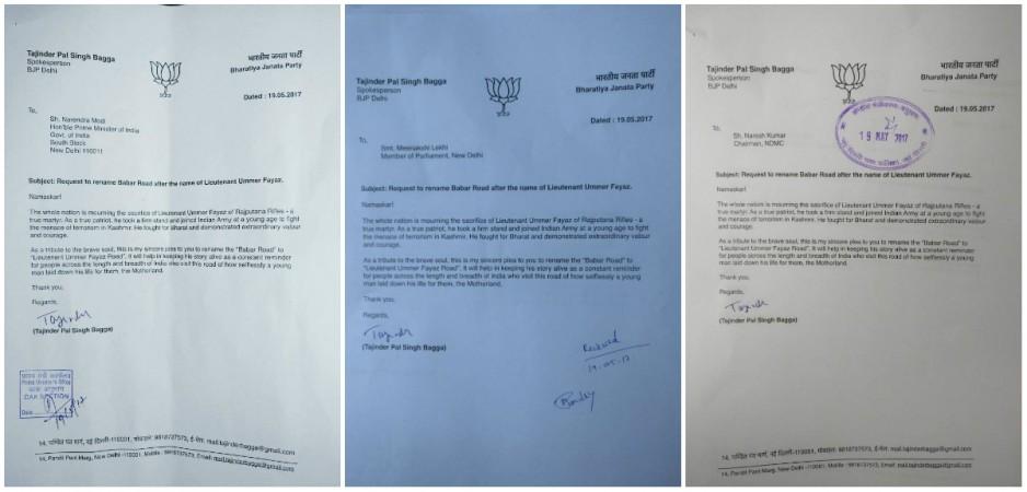In picture: The letters written by Delhi BJP urging Babar Road be renamed after Lt Ummer Fayaz. Lt Ummer Fayaz