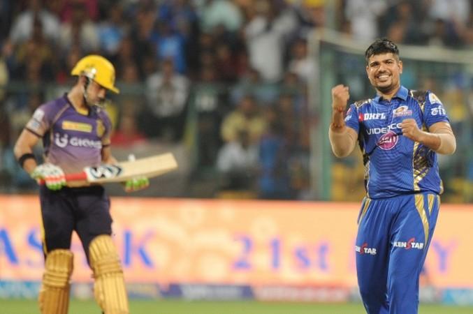 Karn Sharma celebrates the big wicket of the KKR captain Gautam Gambhir, May 19, 2017 Karn Sharma, Mumbai Indians, Gautam Gambhir, KKR, IPL 2017