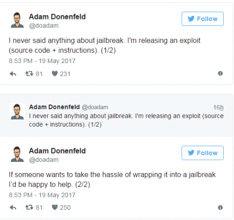 iOS 10.3.1 jailbreak release rumours quashed by security researcher Adam Donenfeld via Twitter