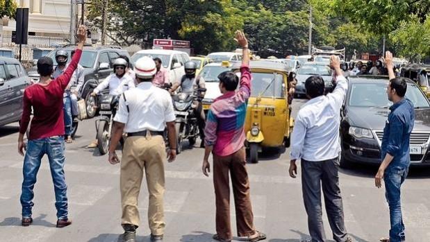 In picture: Hyderabad Traffic Police on the streets of the city forcing traffic offenders to work for them for some time in April 2016. Hyderabad Traffic Police