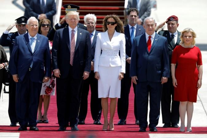 U.S. President Donald Trump (2nd L) and first lady Melania Trump (3rd L) stand with Israeli Prime Minister Benjamin Netanyahu (2nd R), his wife Sara (R) and Israel's President Reuven Rivlin (L) in Tel Aviv. Melania and Donald Trump