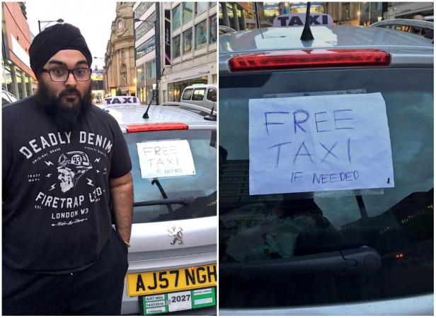 In picture: Sikh taxi driver AJ Singh, who has been offering free transport all night to people looking to leave the Manchester Arena area after the terrorist attack. AJ Singh