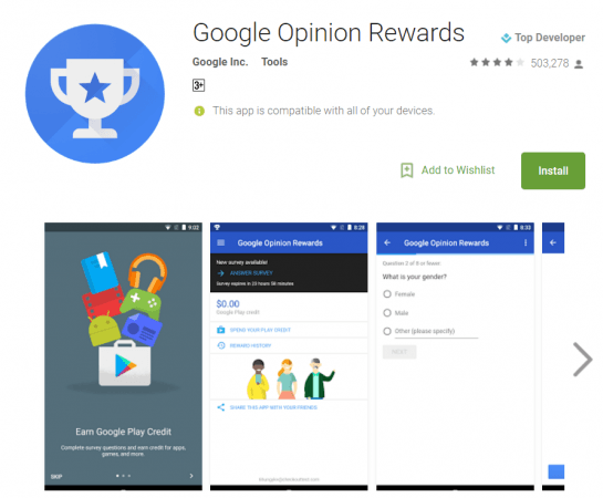 Google Opinion Rewards app, how to score Google Play credits,install, Google survey