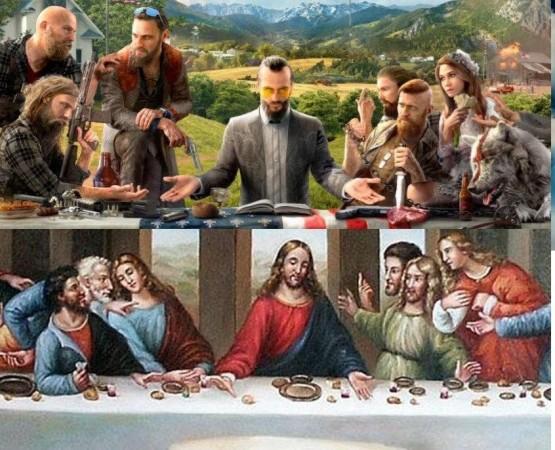 Far Cry 5 artwork portrays controversial religious cult theme with menacing characters Far Cry 5 and The Last Supper reference