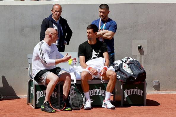 Andre Agassi and Novak Djokovic. Andre Agassi, Novak Djokovic, French Open, practice, coach