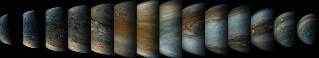 This sequence of enhanced-color images shows how quickly the viewing geometry changes for NASA's Juno spacecraft as it swoops by Jupiter. The images were obtained by JunoCam. nasa, Juno, Jupiter, space, solar system,