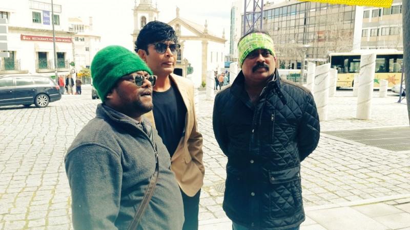 Sharan, Sadhu Kokila and K Manju on the sets of Satya Harischandra. Sharan, Sadhu Kokila & K Manju