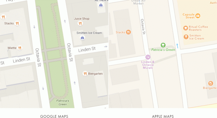 Comparison screenshots showing how much Apple Maps lags behind Google Maps Apple Maps vs Google Maps