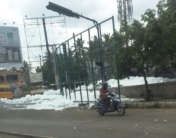 In picture: Foam from the Varthur lake in Bengaluru spills onto the streets on Sunday, May 28, 2017. Varthur lake