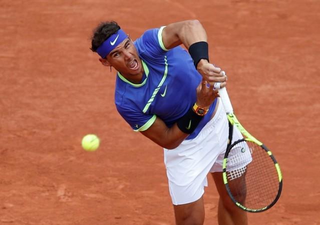 Rafael Nadal in full flow against Benoit Paire, May 29, 2017 Rafael Nadal, French Open 2017, first round, Benoit Paire, round two