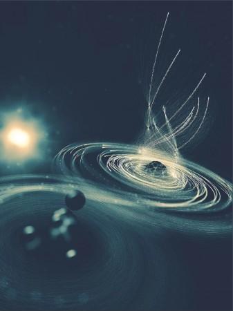 Illustration of an ultra-intense X-ray laser pulse from SLAC's Linac Coherent Light Source knocks so many electrons out of a molecule's iodine atom (right) that the iodine starts pulling in electrons from the rest of the molecule (lower left), like an electromagnetic version of a black hole. black hole, X-ray, X-ray laser pulse, SLAC,