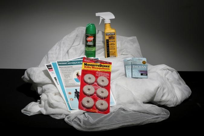 An anti Zika virus kit, including a bug net, mosquito repellent, condoms, literature and anti mosquito dunks. zika virus, Aedes, health, prevention,