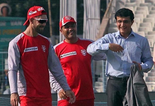 Glenn Maxwell and Virender Sehwag, seen here with Sourav Ganguly, didn't exactly see eye to eye at the end of IPL 2017 Glenn Maxwell, Virender Sehwag, Sourav Ganguly, IPL 2017, KXIP