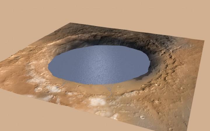This illustration depicts a lake of water partially filling Mars' Gale Crater, receiving runoff from snow melting on the crater's northern rim. nasa, mars, Curiosity rover, space,