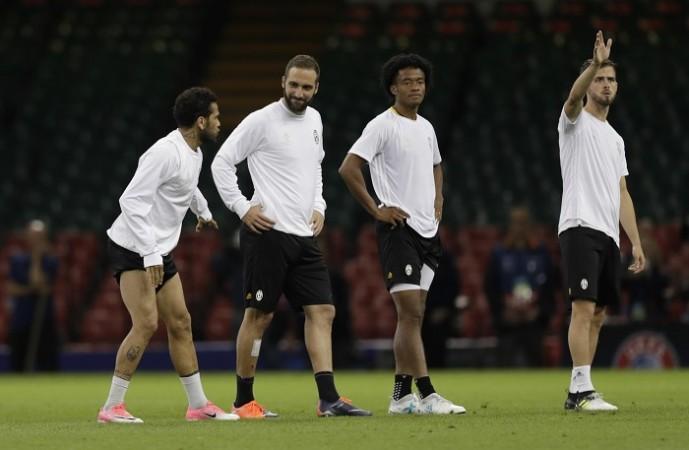Dani Alves, Gonzalo Higuain, Juan Cuadrado and Miralem Pjanic during a training session, June 2, 2017 Alves, Higuain, Cuadrado, Pjanic, Juventus