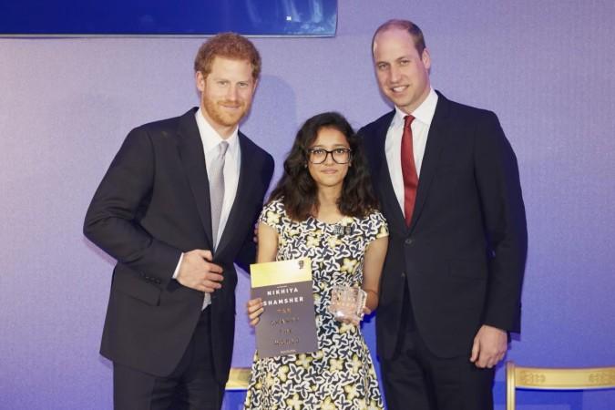 Nikhiya Shamsher (centre), Greenwood High International School student, receiving the Diana Legacy Award from Prince William (right) and Prince Harry. Nikhiya Shamsher, Greenwood High International School, Indian student wins prize from Prince William