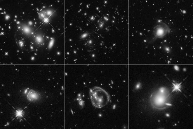 These six Hubble Space Telescope images reveal a jumble of misshapen galaxies punctuated by exotic patterns such as arcs, streaks, and smeared rings. These unusual features are the stretched shapes of the universe's brightest infrared galaxies that are boosted by natural cosmic magnifying lenses. Some of the oddball shapes also may have been produced by spectacular collisions between distant, massive galaxies. The faraway galaxies are as much as 10,000 times more luminous than our Milky Way. The galaxies existed between 8 billion and 11.5 billion years ago. nasa, hubble telescope, brightest universe, space,
