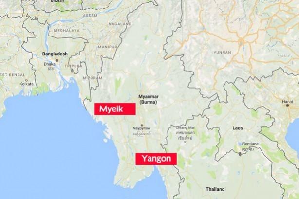 The plane went missing as it flew from Myeik to Yangon. Myanmar map