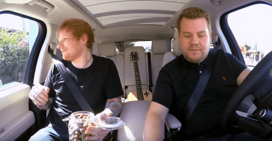 Ed Sheeran preparing Maltesers in his mouth Ed Sheeran James Corden Car pool Karaoke
