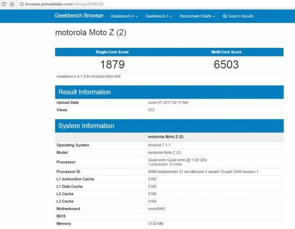 Moto Z2 prototype makes a stop at Geekbench; key features revealed Lenovo, Motorola, Moto Z2, Geekbench,results, Qualcomm, Snapdragon 835, Android, Nougat