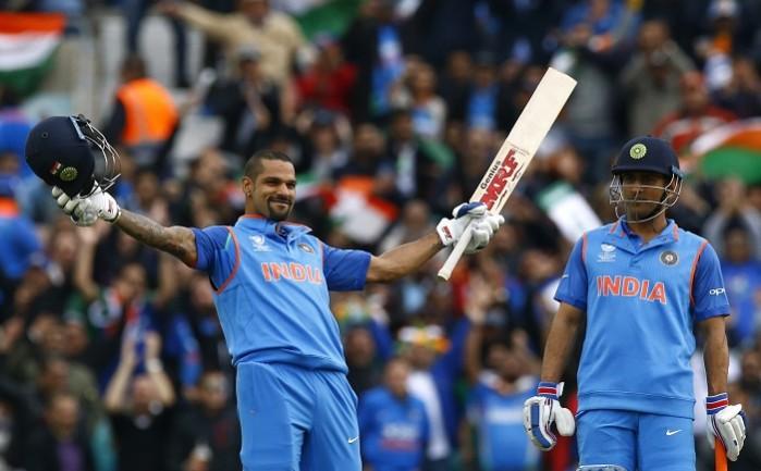 Shikhar Dhawan celebrates a magnificent hundred as MS Dhoni watches on, June 8, 2017 Shikhar Dhawan, MS Dhoni, India, Sri Lanka, ICC Champions Trophy 2017