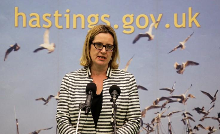Britain's Home Secretary Amber Rudd's speaks after retaining her seat at a counting centre for Britain's general election in Hastings, June 9, 2017. Amber Rudd