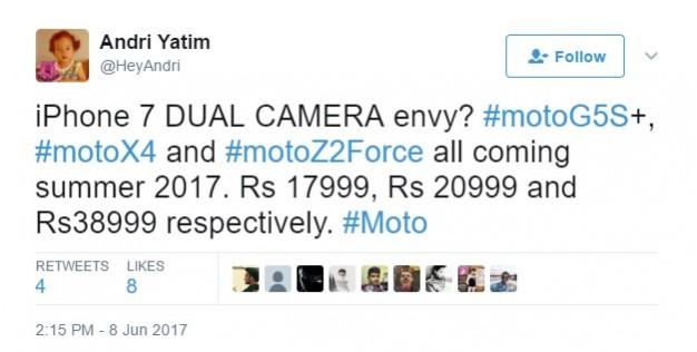 Moto X4, Moto G5S and Moto Z2 Force price details leaked for India Moto X4 price leaked