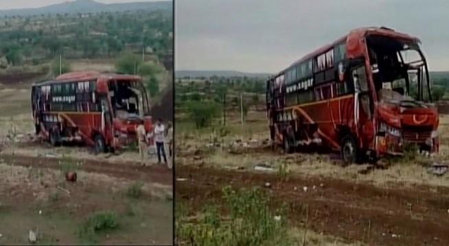 The ill-fated bus in Beed, Maharashtra. Bus accident in Beed in Maharashtra