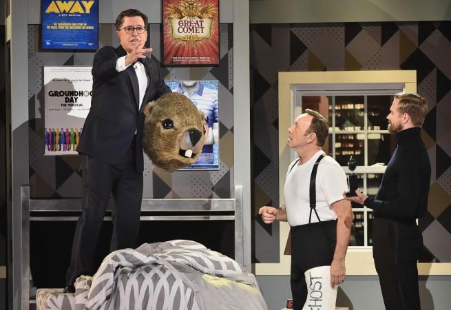Stephen Colbert and Host Kevin Spacey perform onstage during the 2017 Tony Awards at Radio City Music Hall on June 11, 2017 in New York City. Stephen Colbert and Kevin Spacey
