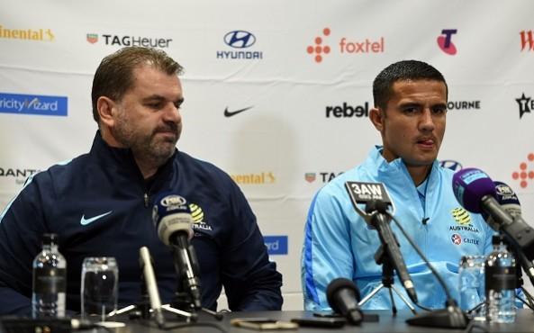 Australia's head coach Ange Postecoglou (L) and team forward Tim Cahill Ange Postecoglou, Tim Cahill, Brazil vs Australia,