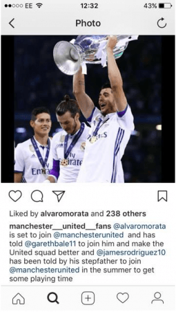 The post Morata liked that said he is set to join Manchester United. Alvaro Morata, Manchester United transfer news, Manchester United, David De Gea, Ander Herrera, Jose Mourinho