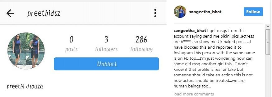 Actress Sangeetha Bhat harassed online. Actress Sangeetha Bhat harassed