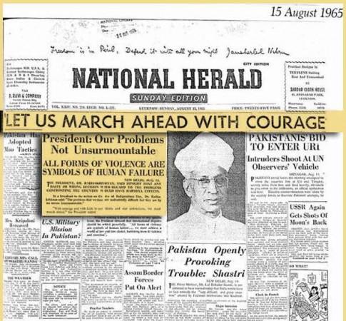 In picture: The National Herald Lucknow edition front page from August 15, 1965, with Jawaharlal Nehru's message scrawled above the masthead. National Herald