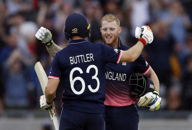 Ben Stokes and Jos Buttler celebrate after beating Australia in the ICC Champions Trophy 2017, June 10, 2017 Ben Stokes, Jos Buttler, England, ICC Champions Trophy 2017, semifinals