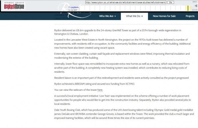 The cached summary of the refurbishment work of the Grenfell Tower by the Rydon. The cached summary of the refurbishment work of the Grenfell Tower by the Rydon.